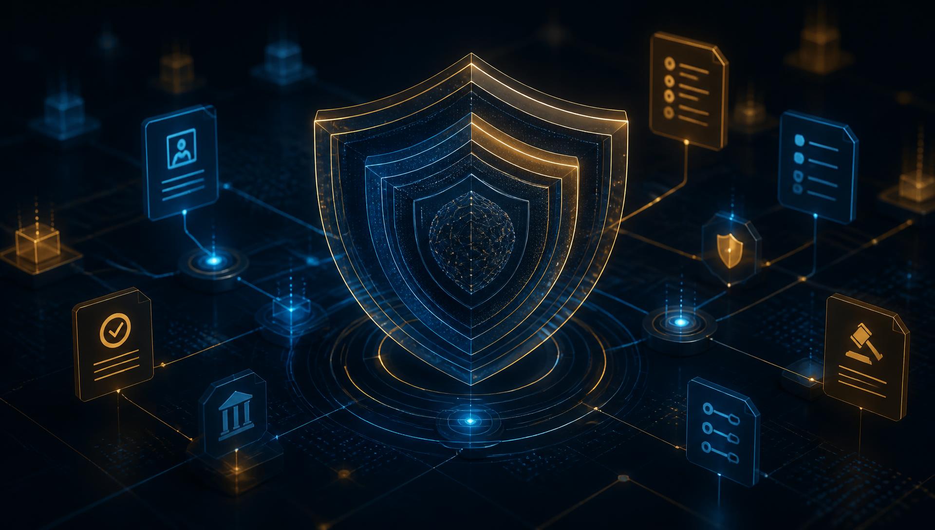 Layered information security shield connected to governance, risk and control elements